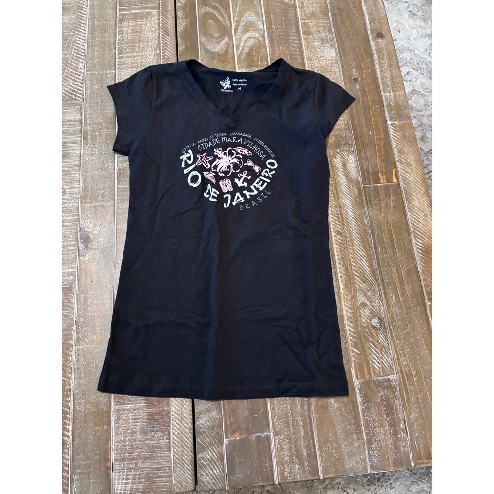 Morpho Rio De Janeiro Brasil Graphic T-Shirt Black‎ V-Neck Cotton Womens Medium